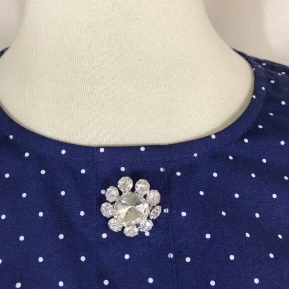 NWT DANIELLE BERNSTEIN Navy Long puff sleeves POLKA DOT DRESS Rhinestone buttons - Picture 6 of 10